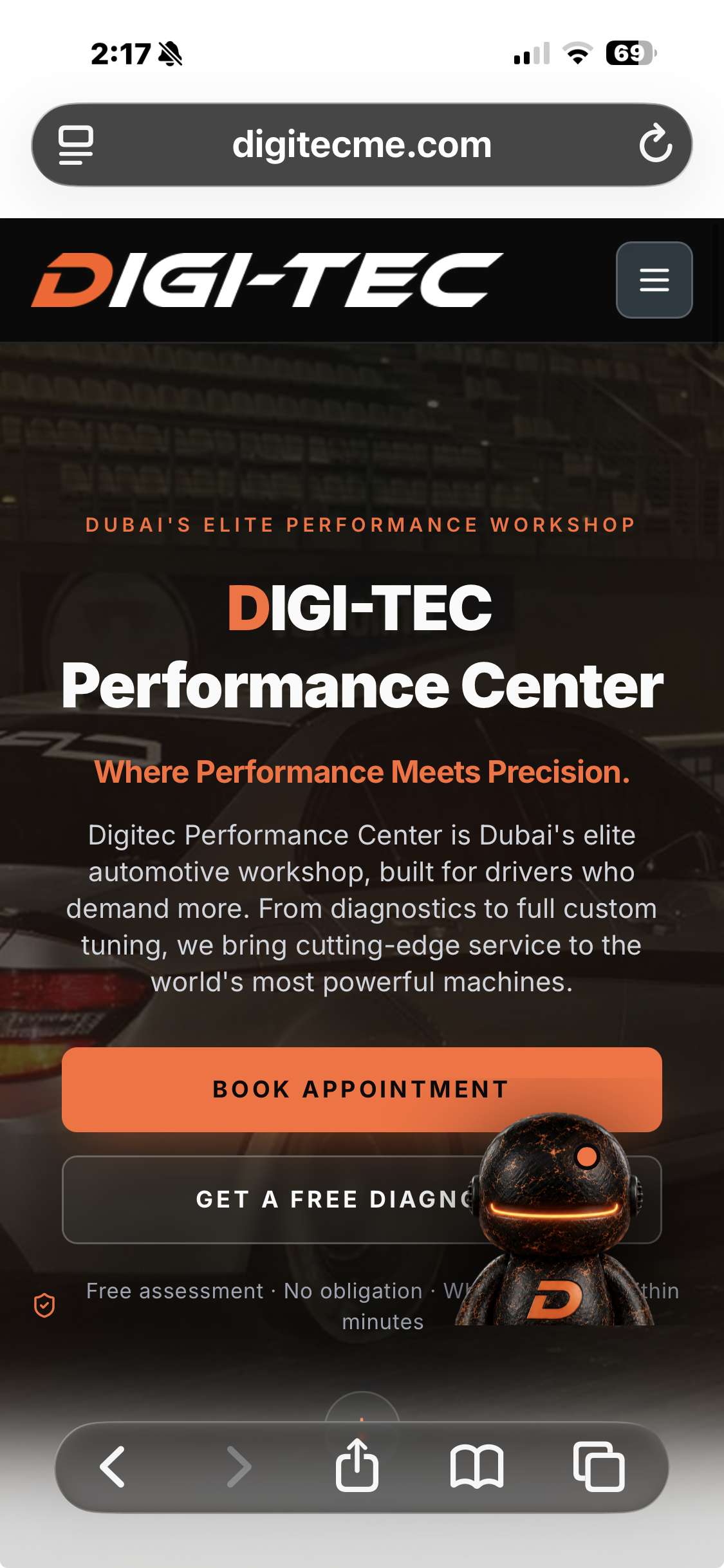 Digi-Tec mobile website showing its navigation, service message and booking calls to action